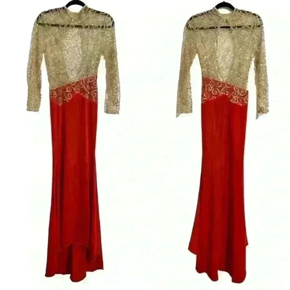 Formal Sheer Red Gold Mermaid Dress Glitter Open Back Small Women’s - Picture 4 of 13